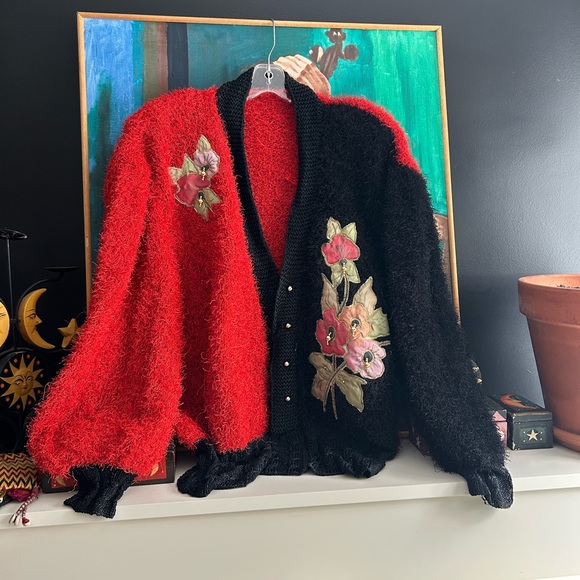 Vintage 80s 90s Red and Black Christmas Floral Patch Teddy Pullover Sweater XXL - Picture 7 of 16